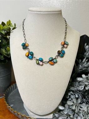 Sterling Silver Multi Stone Choker Necklace Turquoise Spiny Conch 16”